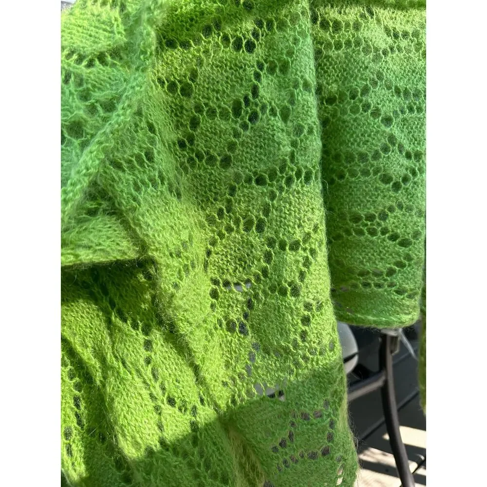 Mohair Wool Crochet Blanket lime green Hand Made Diamond Knit Throw 44x90” shawl